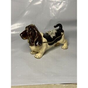 Basset Hound Dog Trinket Box Enamel Crystal Hinged Lid Jeweled Collection 4”